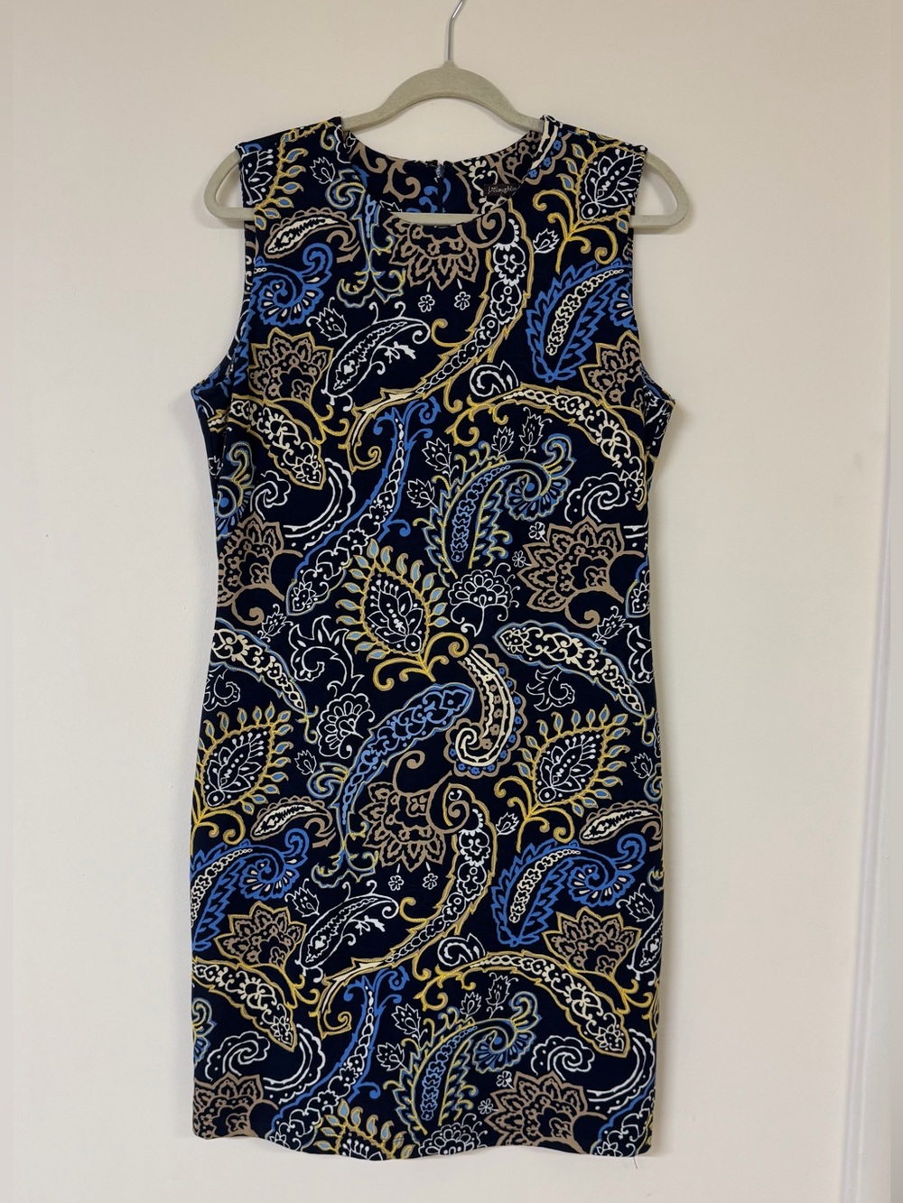 J McLaughlin Sleeveless Navy Midi Dress with Blue & Gold Paisley Print